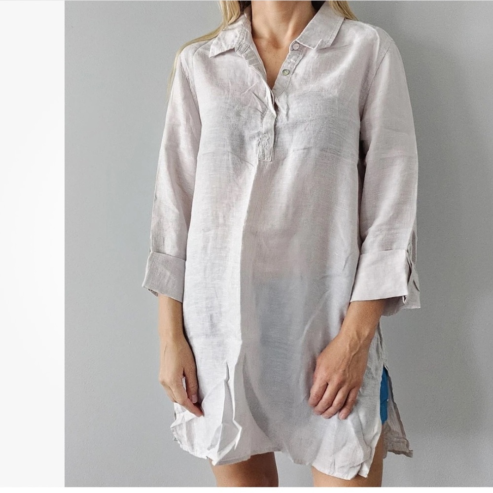 JNY Jones New York 100% linen shirt/ tunic buttons adjustable sleeves Size S